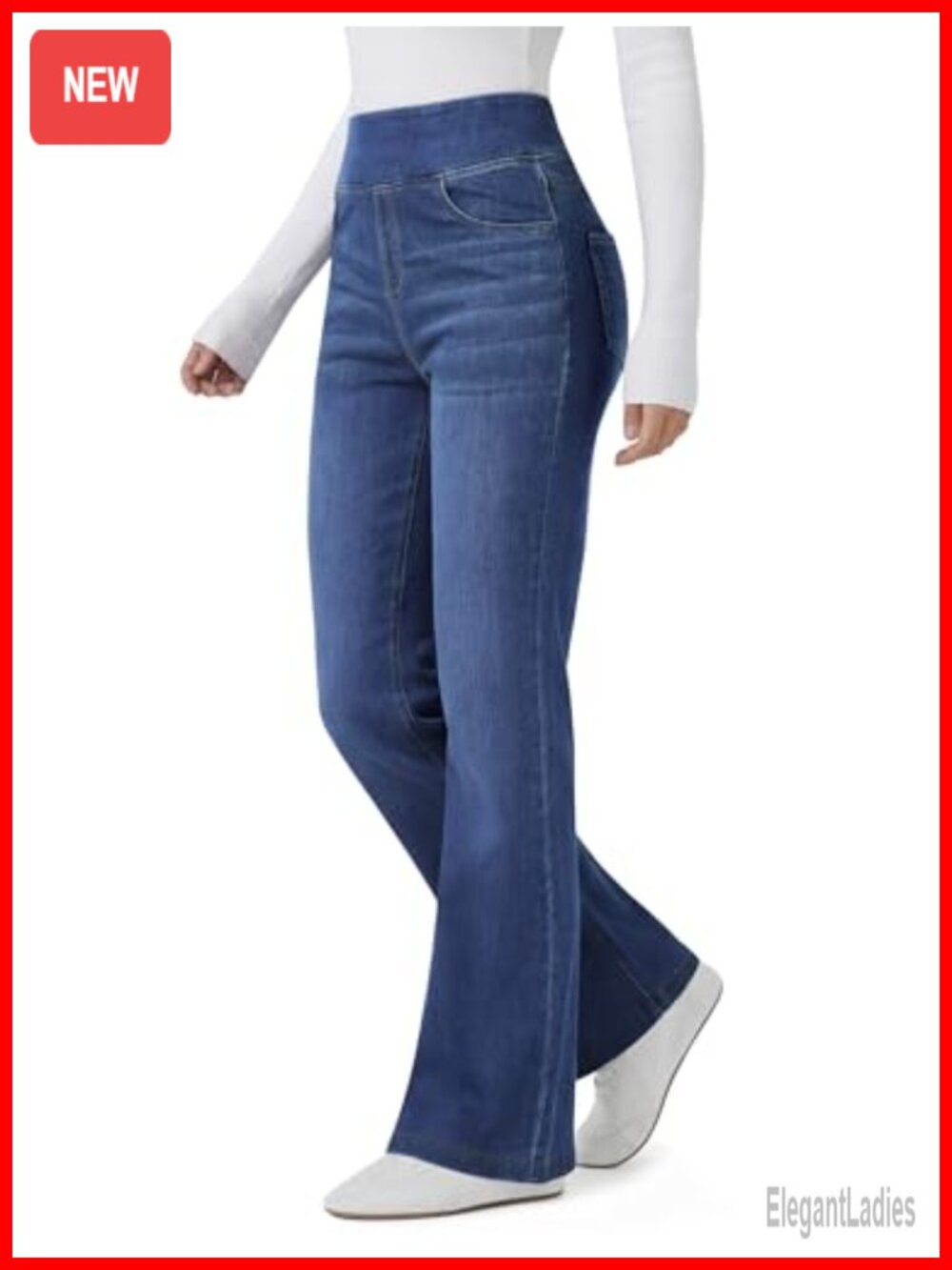 High Waisted Pull On Flare Jeans Stretchy Bootcut Denim 4 Pockets